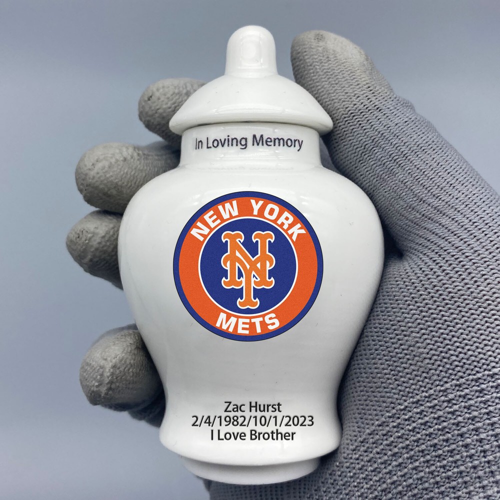 Ceramic Baseball Urn – New York Mets Theme, Custom Text