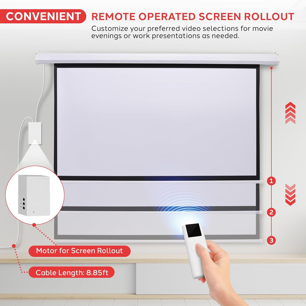 72" Portable Motorized Matte White Projector Screen - Automatic Projection Displ