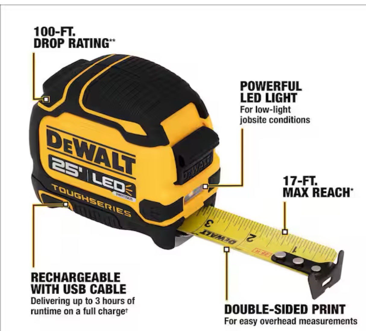 DeWALT 25 ft. Tape Measure with Rechargeable LED Light, DWHT35625S