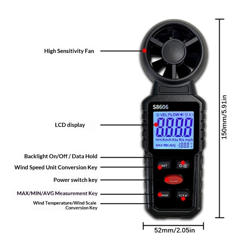 Digital Anemometer Immediate Display Showing Current & Historical Wind Data ABS