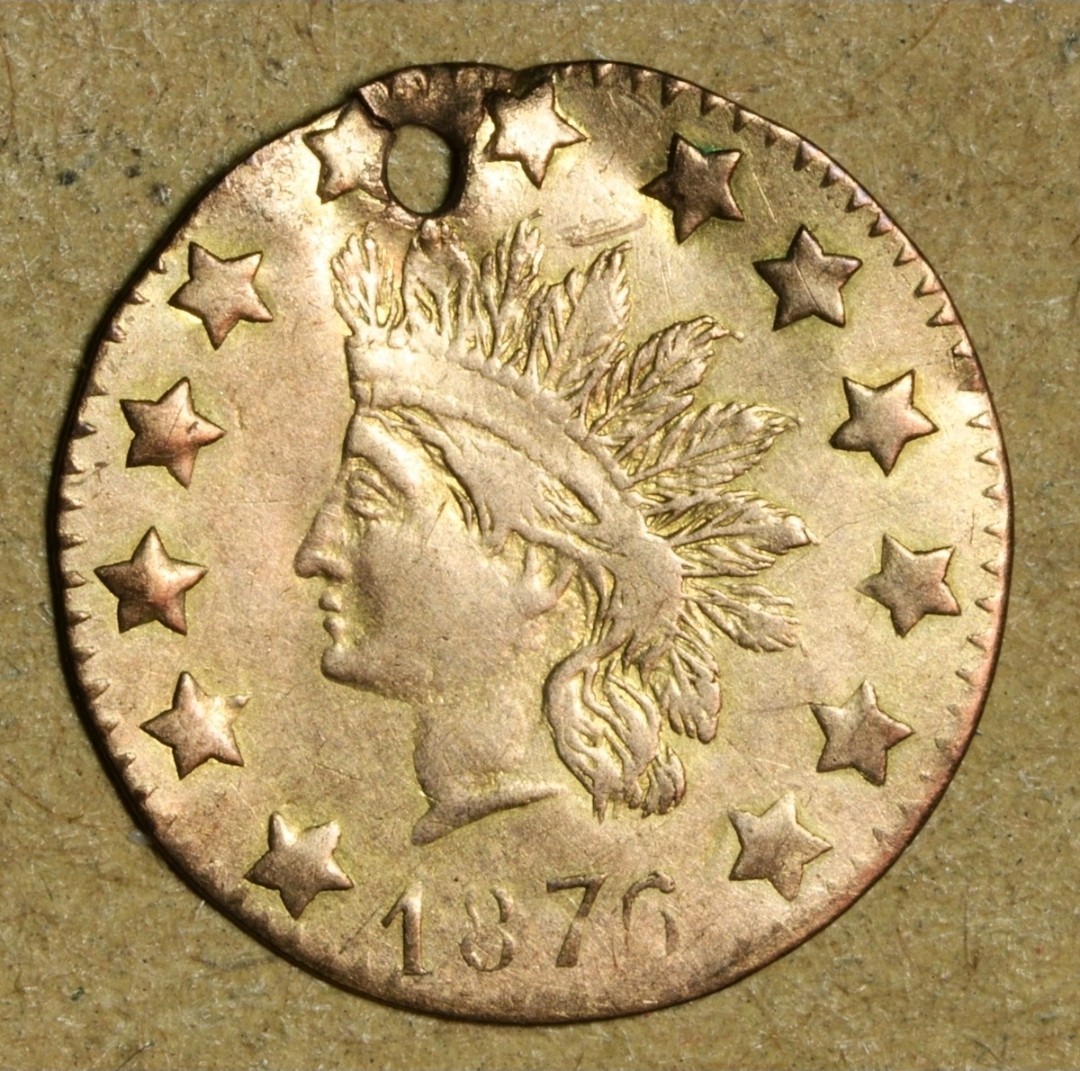 BG-1064 1876 California Fractional Gold Indian Half Dollar Holed 30 Est To Exist