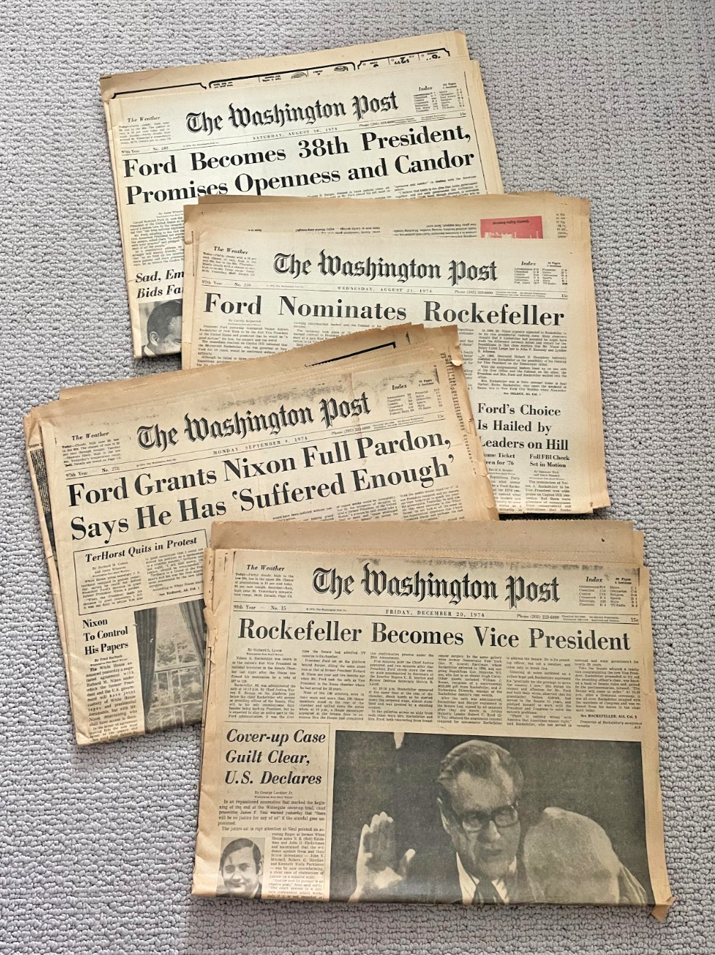 VINTAGE! Washington Post Ford-Nixon-Rockefeller Headlines 1974 Set of 4!