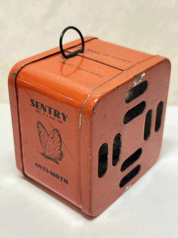 Vintage Sentry Anti-Moth Orange Metal Hanging Container ~2" X 3" X 3"