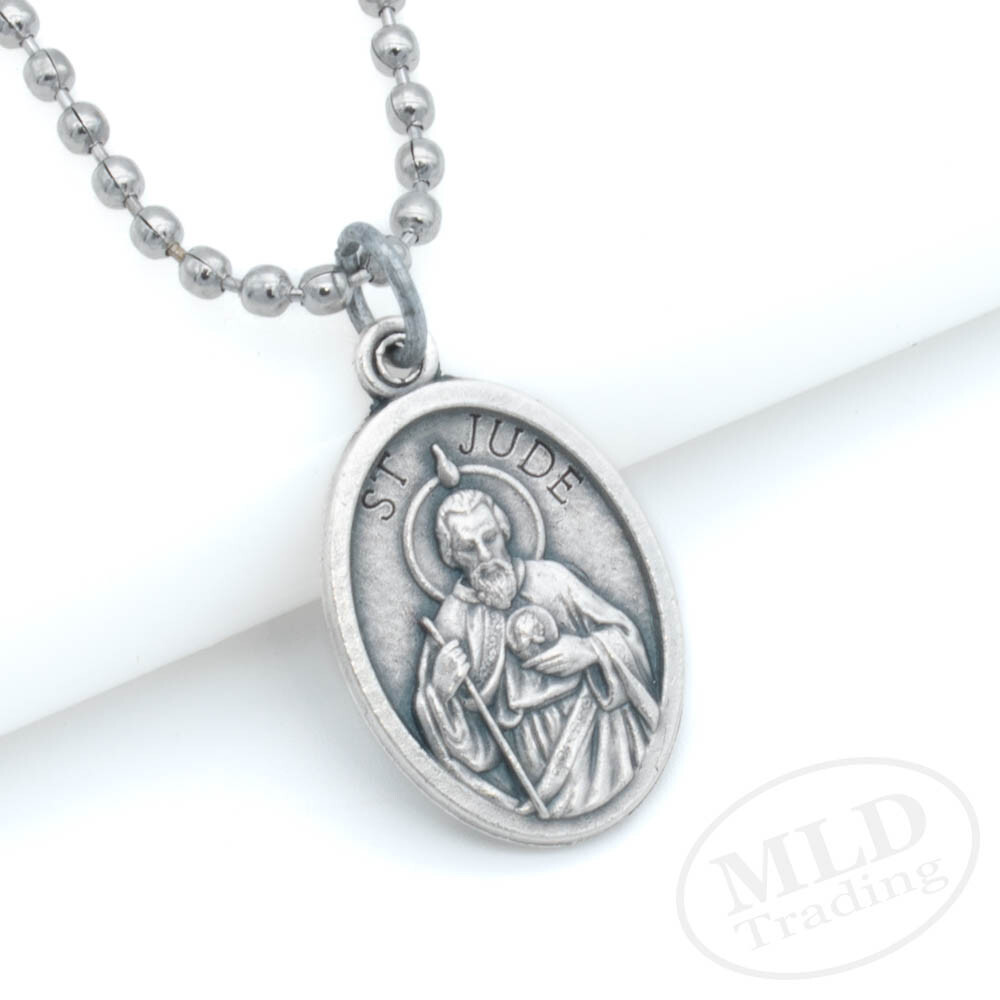 Saint St Jude Medal Pendant Necklace - Zinc Alloy, Made in Italy, 1" w 24" Chain