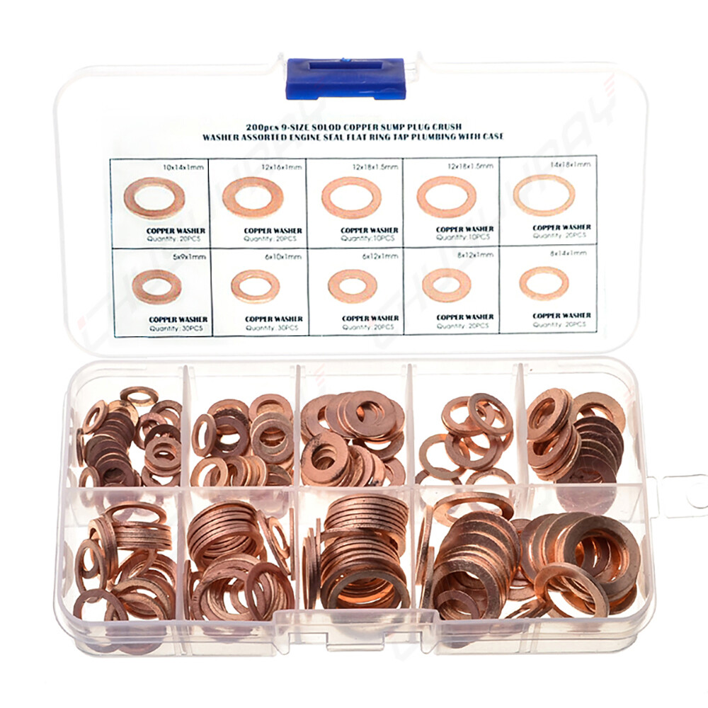200x/Kit Solid Copper Crush Washers Gasket Set Flat O-Ring Seal Assortment