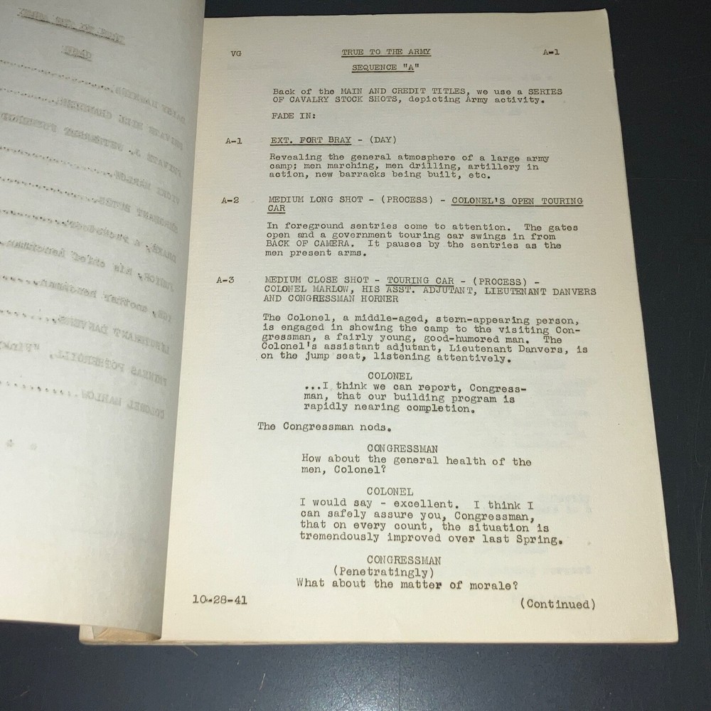 Original 1941 True to the Army Movie Script Paramount Sequence Drafts Archive CO