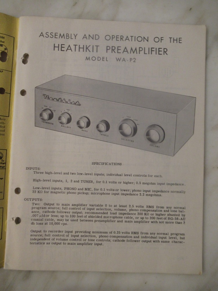 HEATHKIT MODEL WA-P2 PREAMPLIFIER MANUAL - ORIGINAL