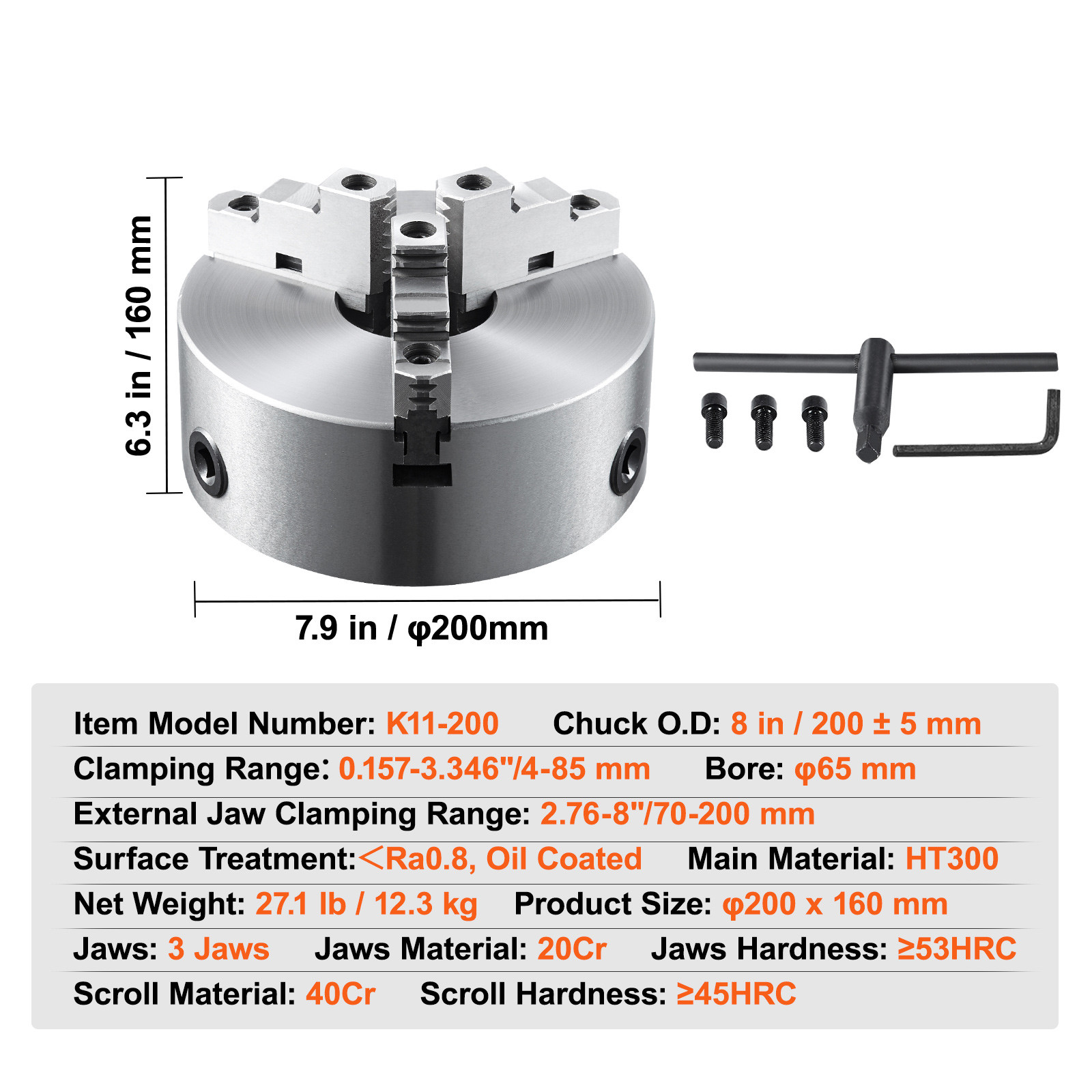 8'' 3-Jaw Lathe Chuck Self-Centering Lathe Chuck for Grinding Drilling