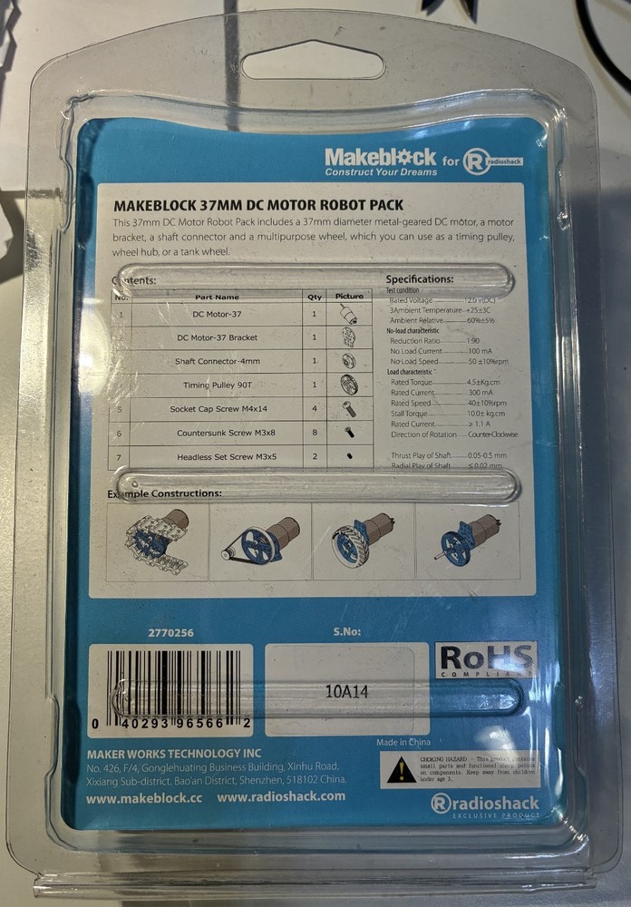 RadioShack Makeblock 37MM DC Motor Robot Pack, NIP