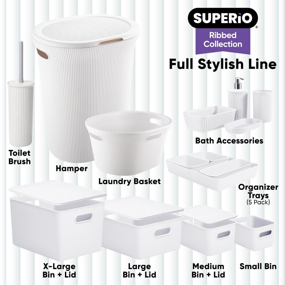 1.5 L Mini Ribbed Storage Bin, Decorative Plastic Storage Baskets, White, 6 Pack