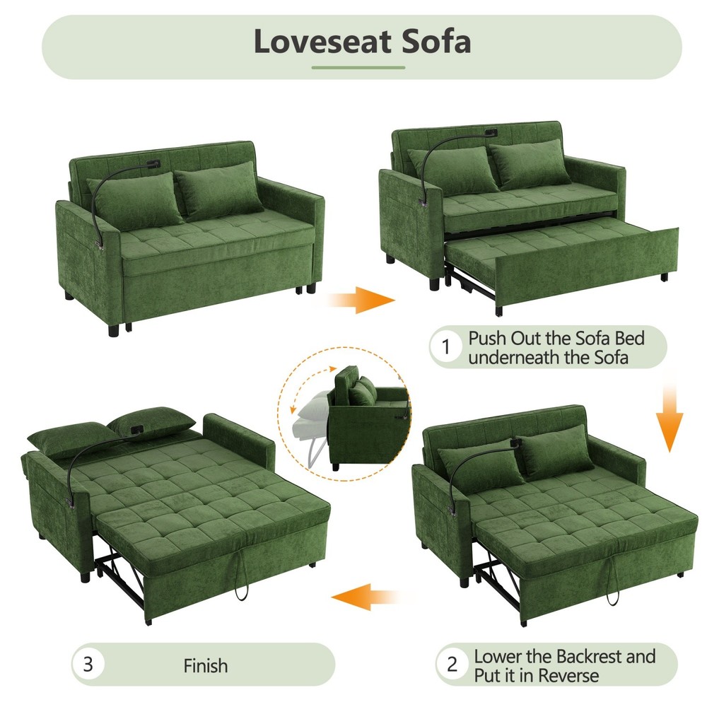 56.9'' Convertible Sleeper Sofa Bed Loveseat Sofa with Pull Out Bed & USB Ports
