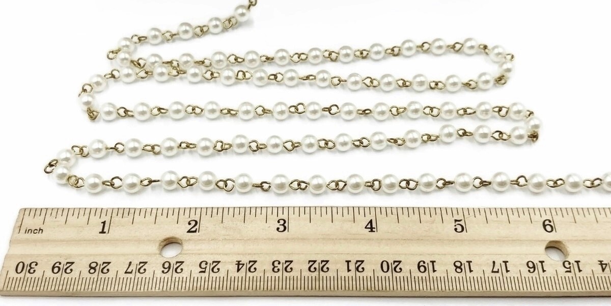 3 FEET VINTAGE HONG KONG WHITE PEARL 6mm BEADED BRASS ROSARY LINK CHAIN 1058-6mm