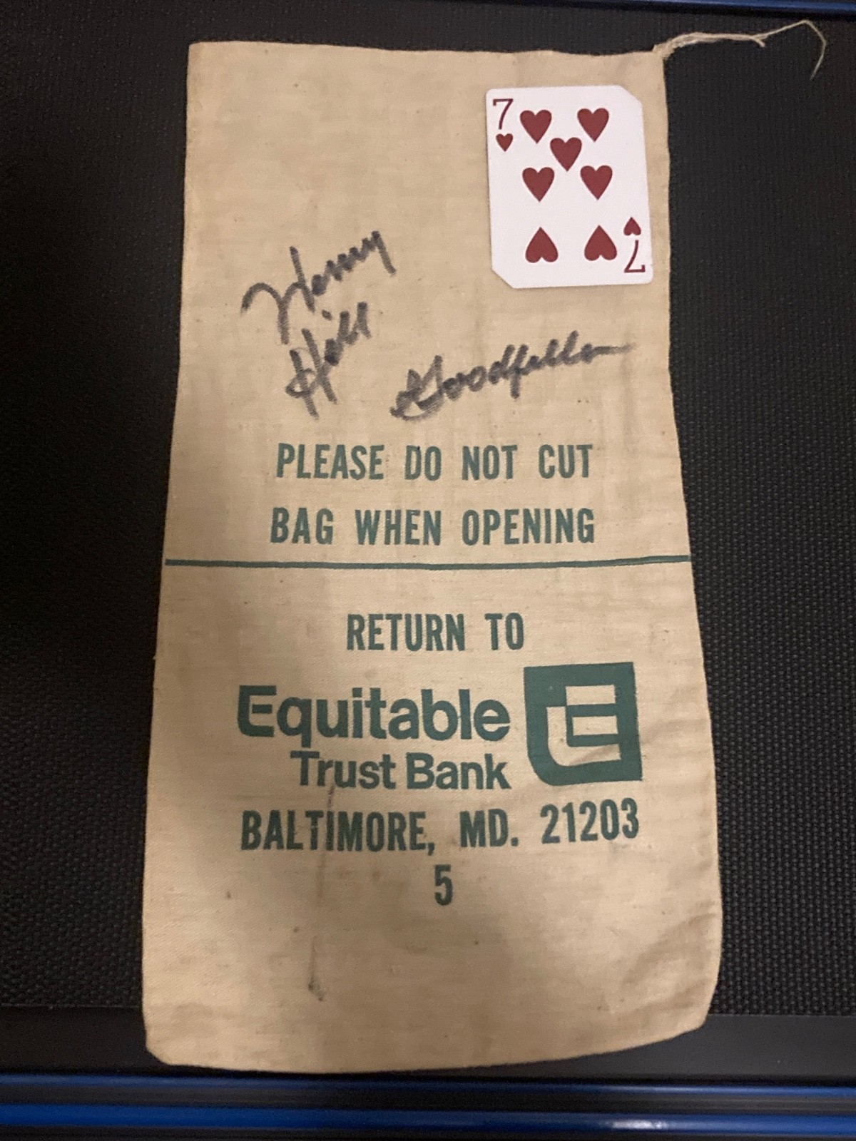 HENRY HILL Inscribed Goodfellas Signed Autograph EMPTY MONEY BAG SIGNED CARD 7 H