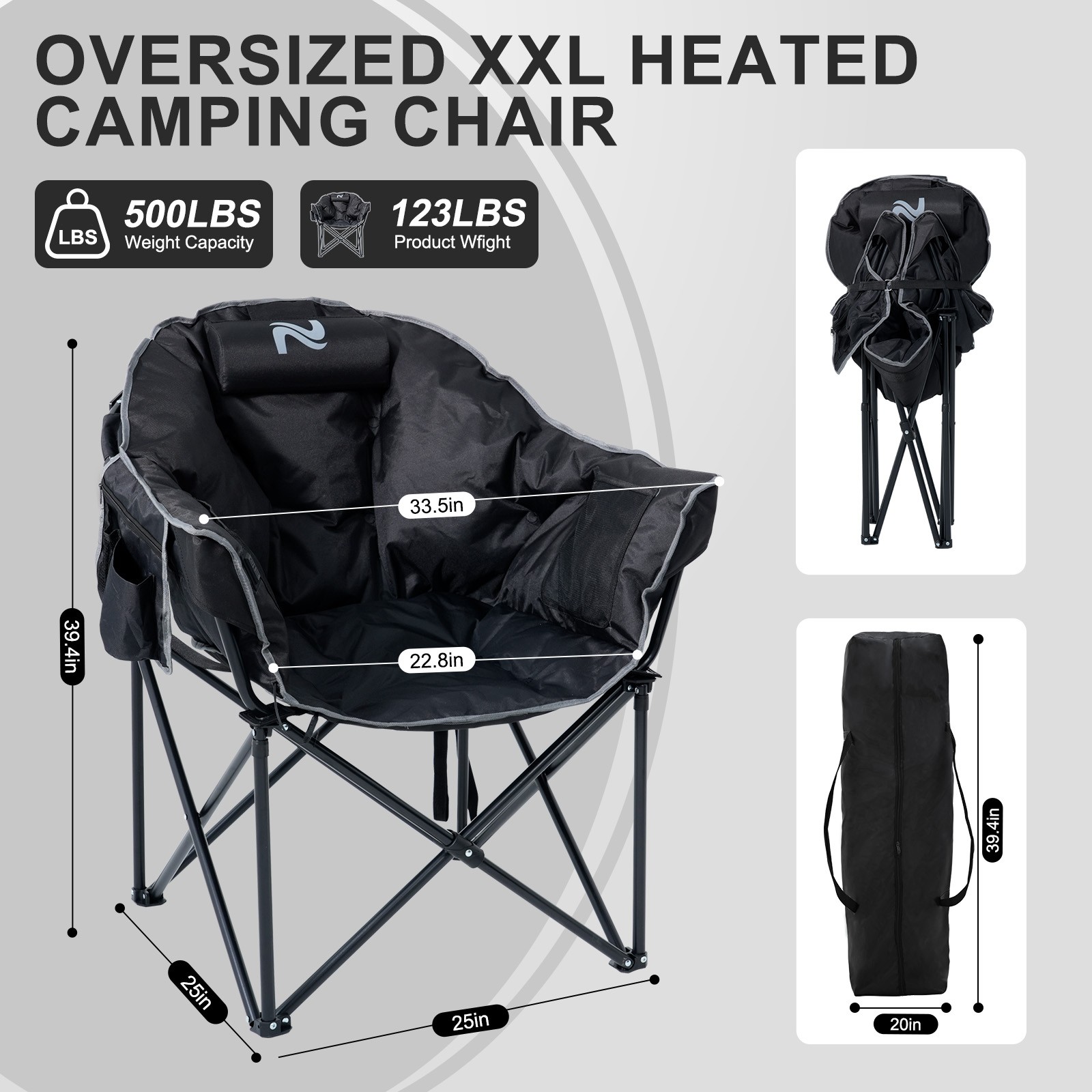 NAIZEA Heated Camping Chair Oversized Folding Chair Patio Lounge Chair 500 lb