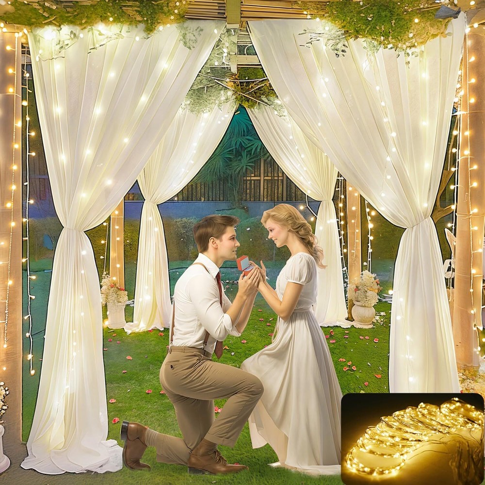 10 x 10ft Ivory Backdrop Curtains with Lights String Wrinkle-Free Polyester C...