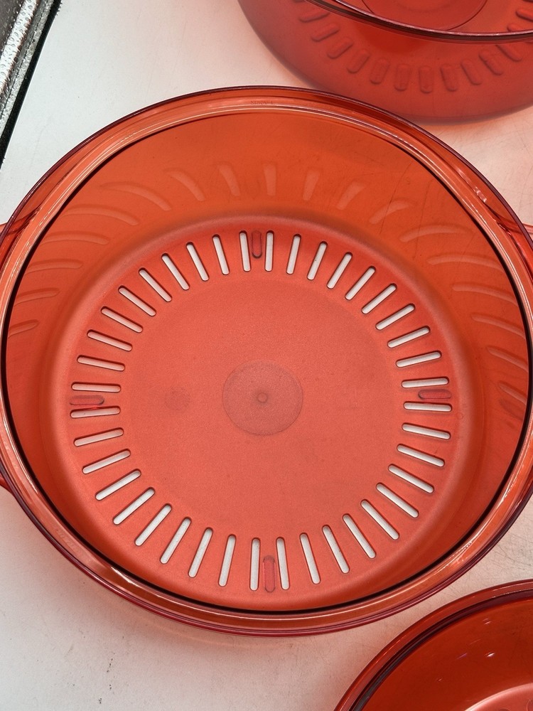 Tupperware Microwave Stack Cooker Steamer Transparent Cranberry Red 5 Piece Set