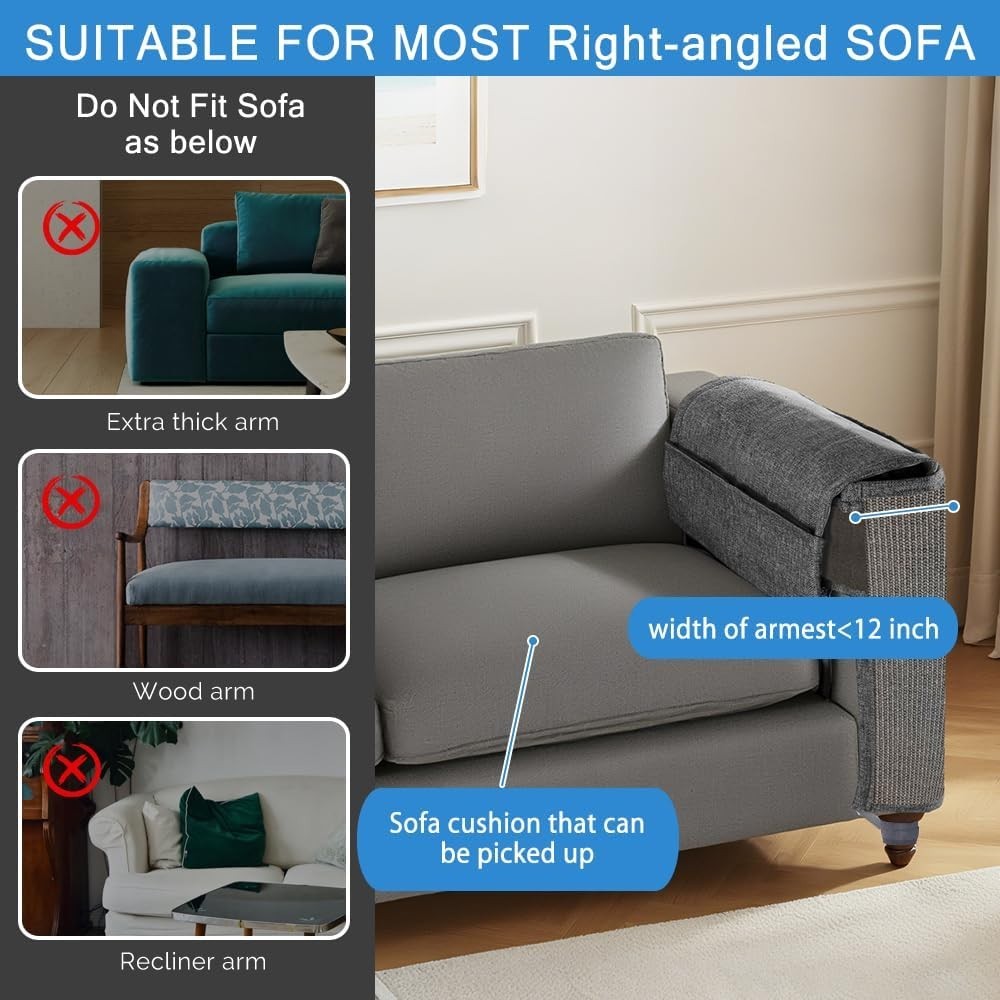 All Gray Cat Scratch Protector - Large Sisal Sofa Arm Shield for Right Side