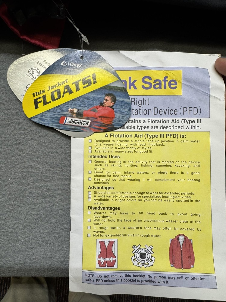 Onyx Flotation Jacket Type III PFD US Coast Guard Approved Medium Red Black