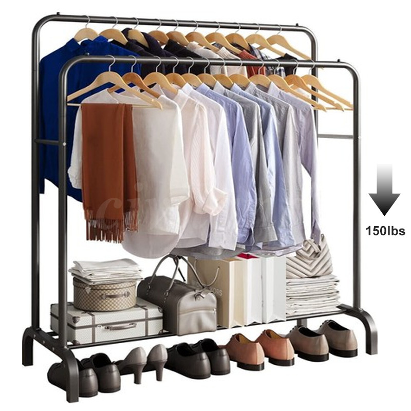 Heavy Duty Clothing Garment Rack Rolling Double Rails Clothes Organizer Hanger