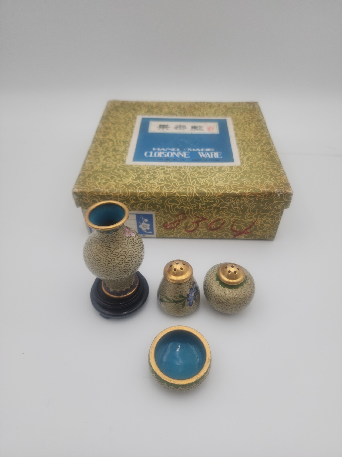 Vintage floral enamel cloisonne set- salt, pepper, vase, bowl, stand