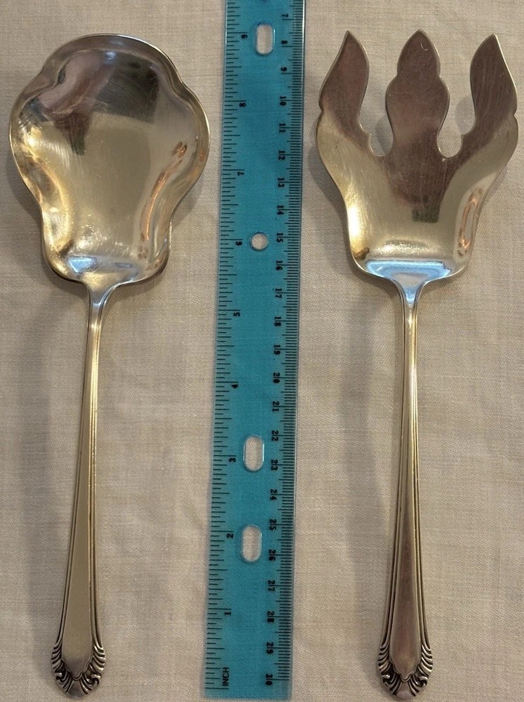 Gorham Cavalier (1937) Silverplate Salad Fork & Spoon Serving Set (both 9”) Rare