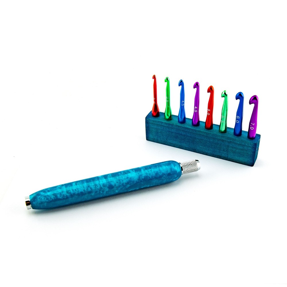 Crochet Set Interchangeable Hooks Artisan Crafted Blue Ergonomic Long Handle