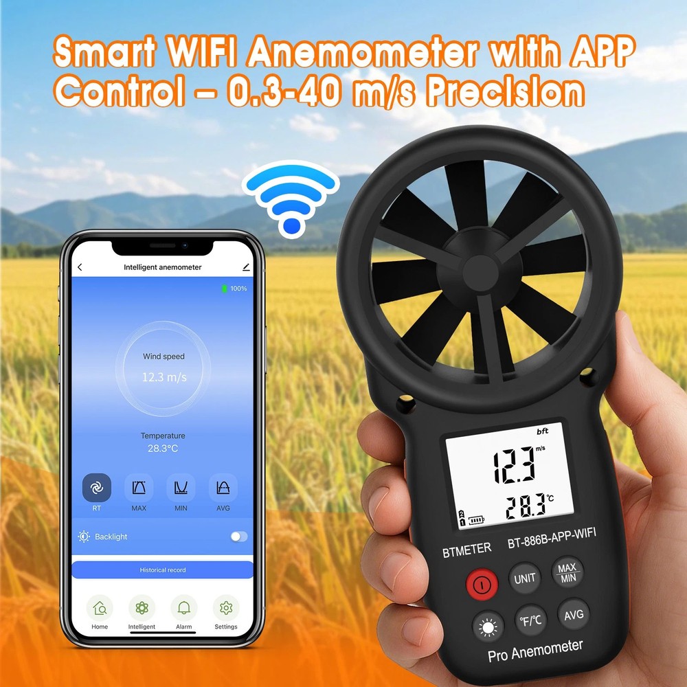Smart Wi-Fi Digital Wind Speed and Temperature Anemometer with Tuya App