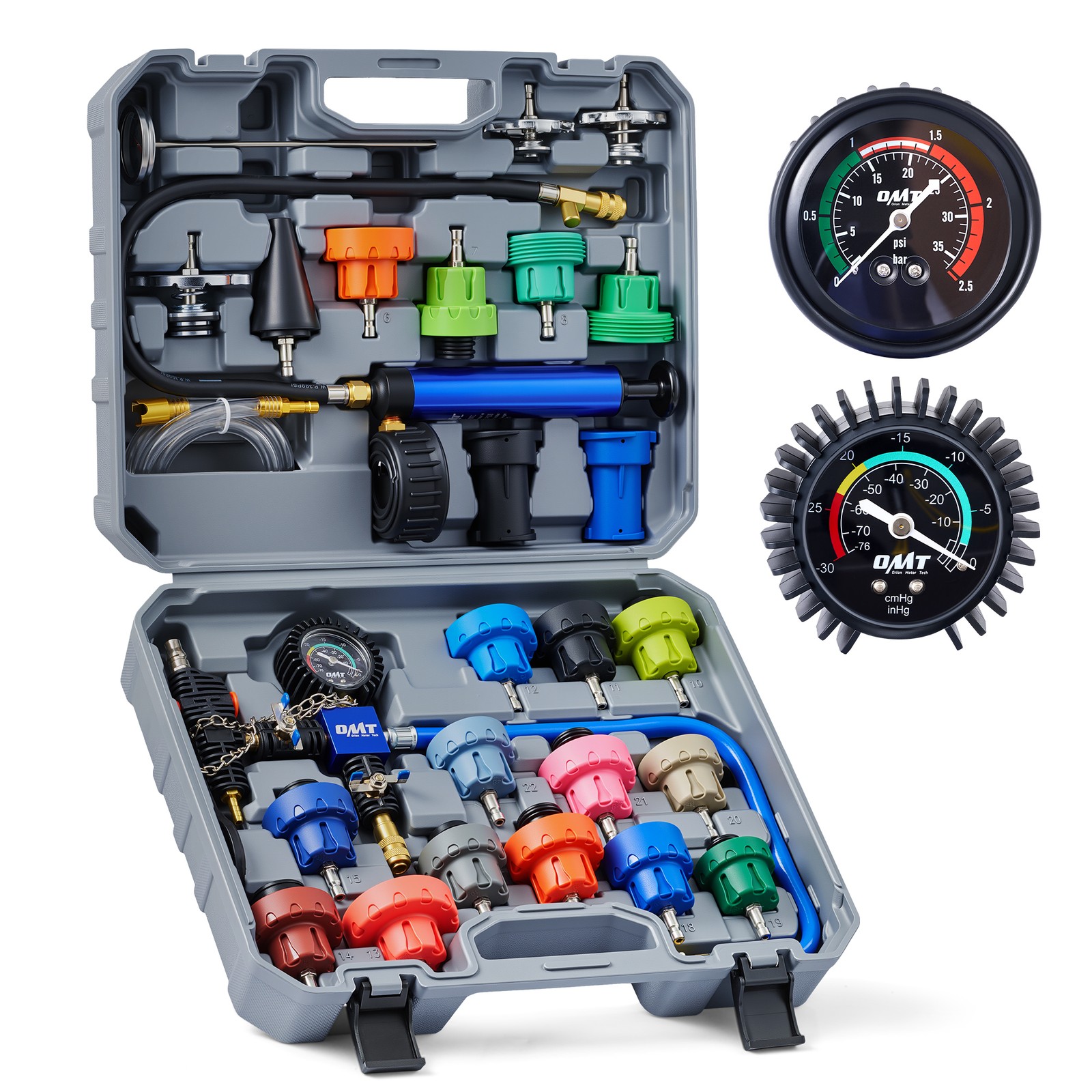 OMT 31pc. Coolant Pressure Tester Kit with 23 Radiator Adapters & Vacuum Pump