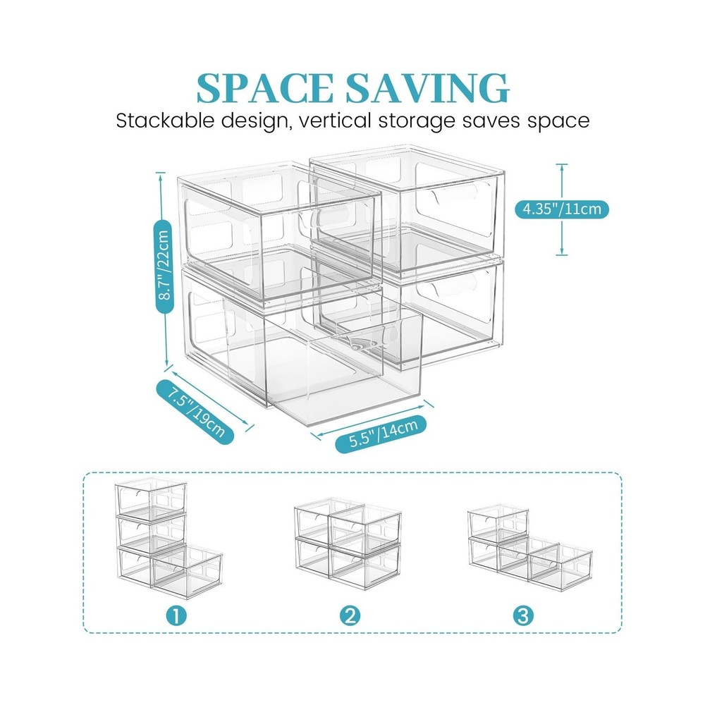 6 Pack Stackable Plastic Makeup Organizer Drawers, Acrylic Organize... Fast Ship