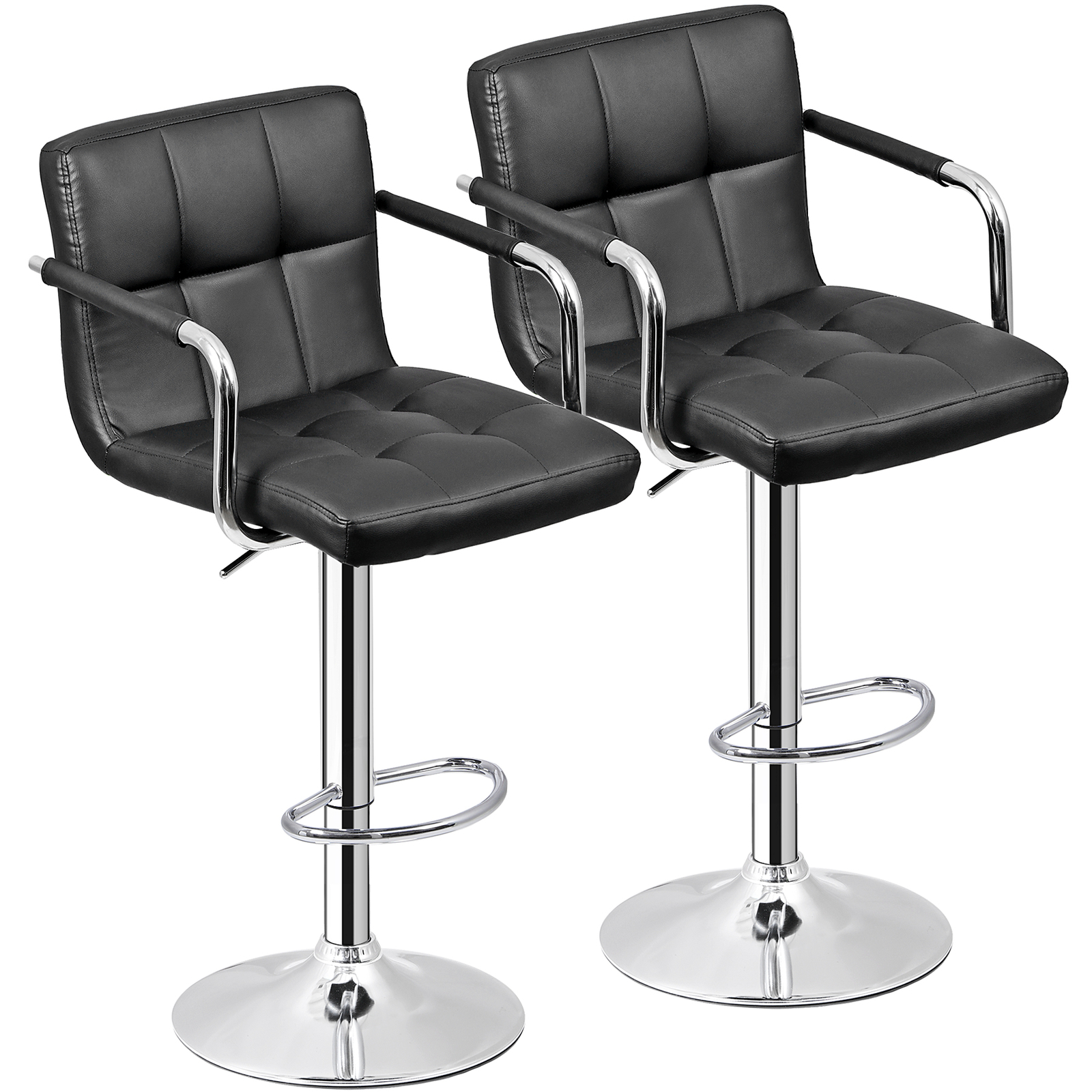 Modern PU Leather Bar Stools Set of 2 Adjustable Swivel Barstools w/ Back & Arms