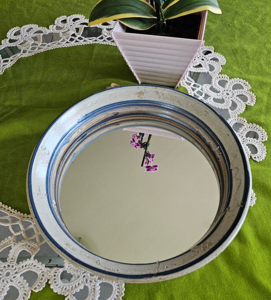Round Pottery Boho Wall Mirror Tray Rare