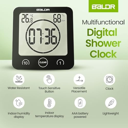 Digital Shower Clock with Timer - - Water-Resistant Shower Timer, Black