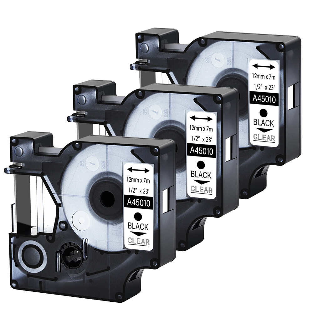 3 PK 45010 Black Clear Label Tape for DYMO D1 LabelPoint 200 250 Print 1/2" 12MM