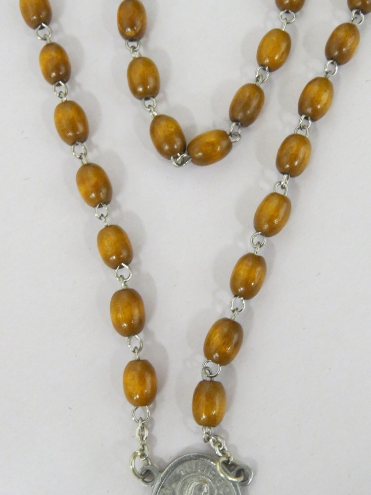 VTG Catholic St. Therese Ex Indumentis Wood Bead Five Decade Rosary