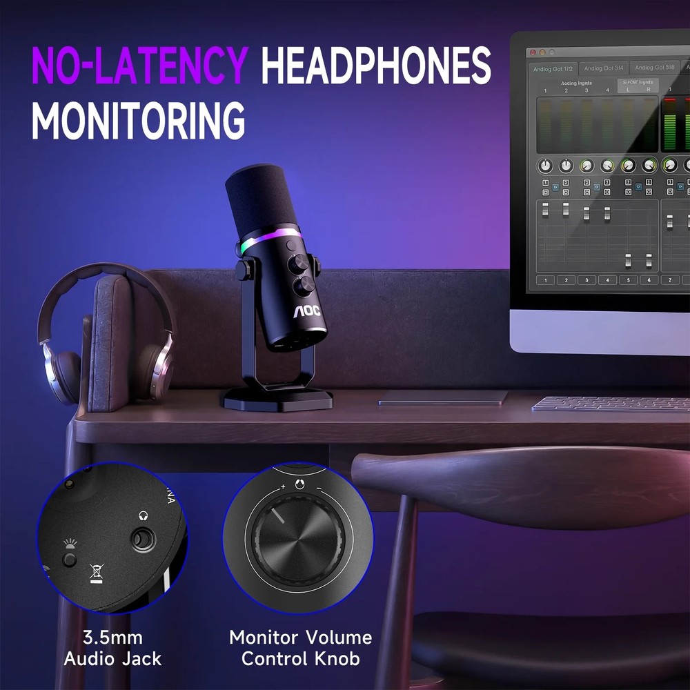 AOC USB/XLR Dynamic Microphone for Podcast Recording, PC Computer Gaming Streami