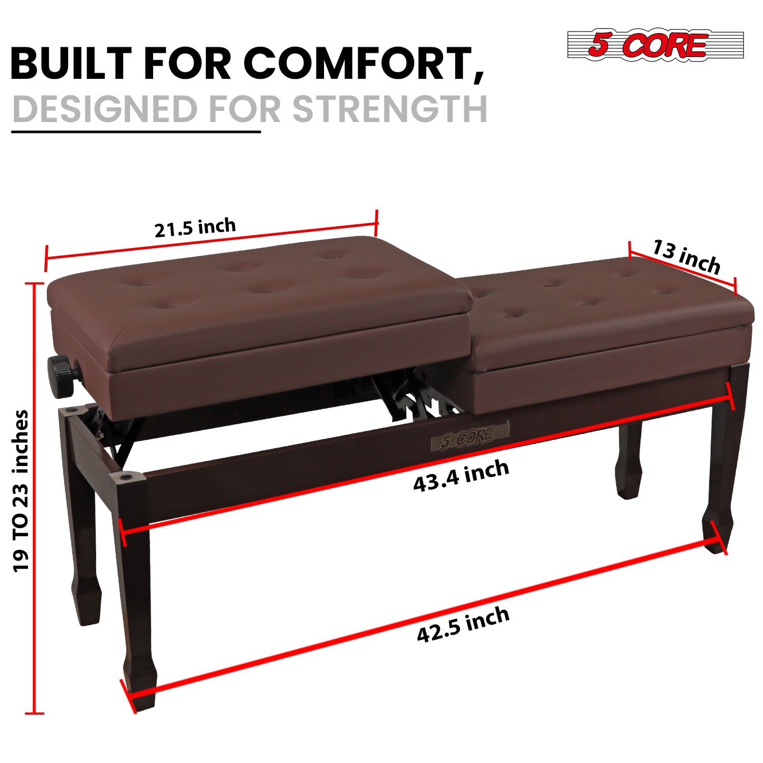 5 Core Duet Piano Bench 3.5 Inch Padded Cushioned Double Seater Wooden Stool