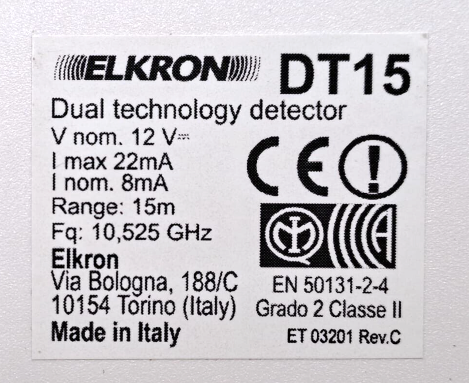 ELKRON DT15 DUAL TECHNOLOGY DETECTOR