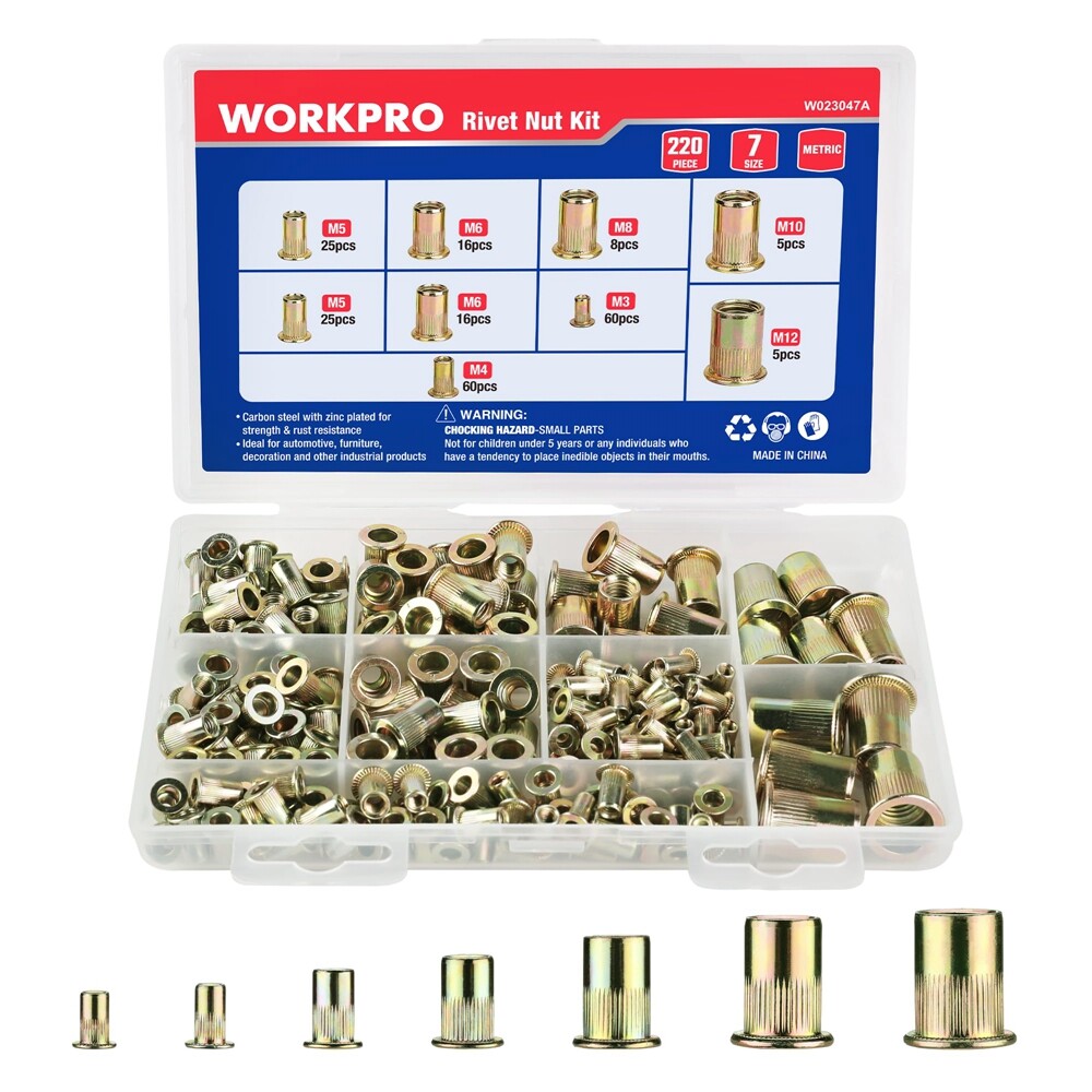 WORKPRO 220PCS Metric Rivet Nuts Zinc Plated Steel Flat Head Threaded Insert Nut