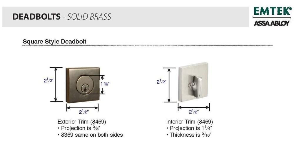 Hardware Deadbolt, Single Cylinder, Square, Solid Brass, Door Thickness: 1-3/...