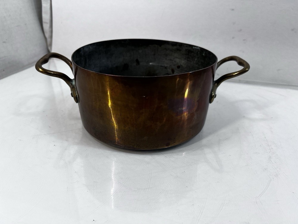 Vintage Solid Copper Stock Pot with Brass Handles Cookware 7x4”
