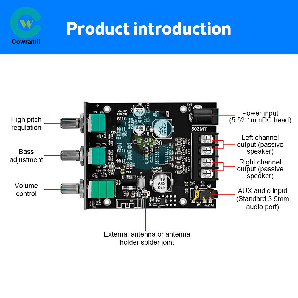 ZK-502MT 50W*2 Bluetooth 5.2 Audio Amplifier Board Module Tone Adjustable DIY