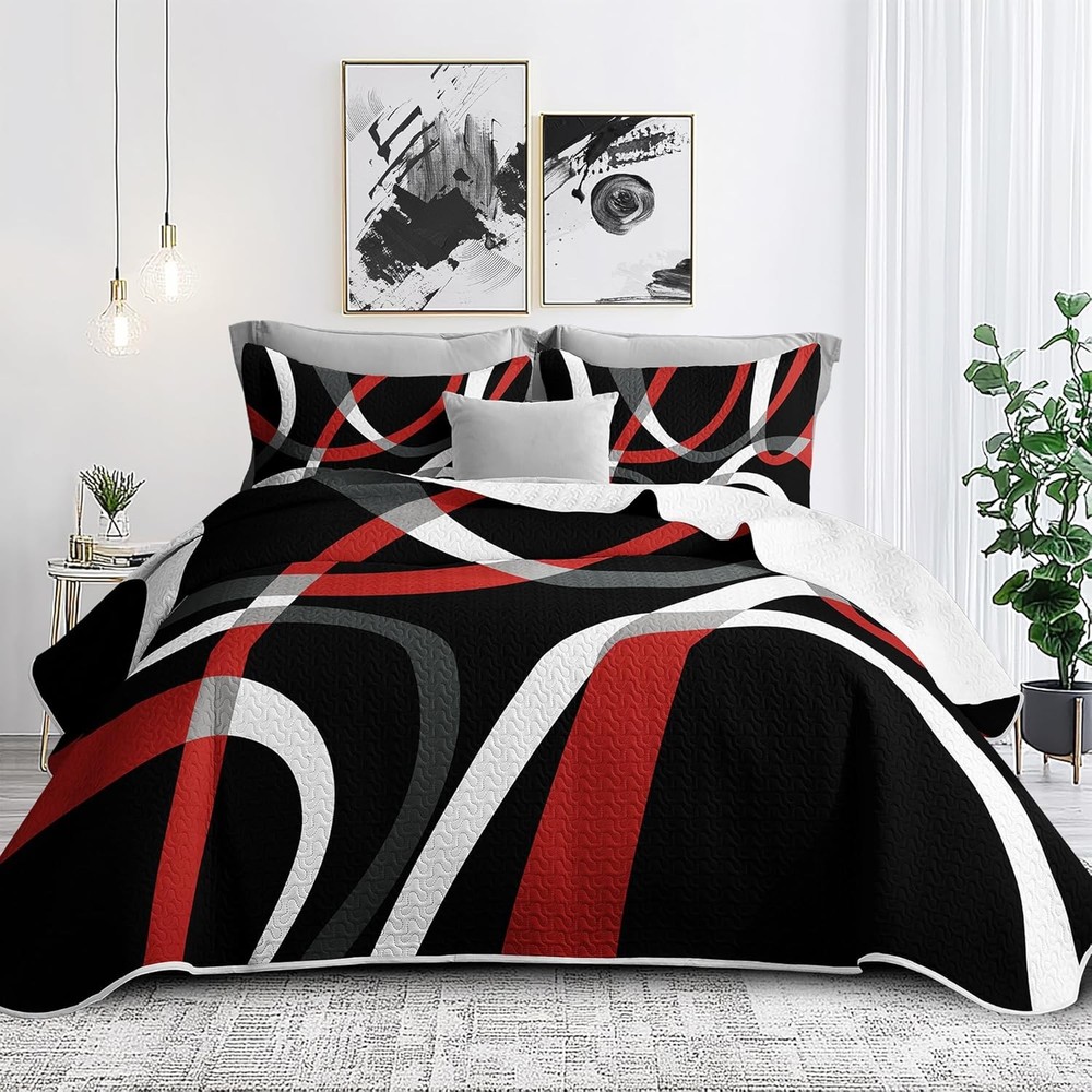 Classic Line Pattern Bedding Quilt King Size Modern Grey Red & Black Stripe