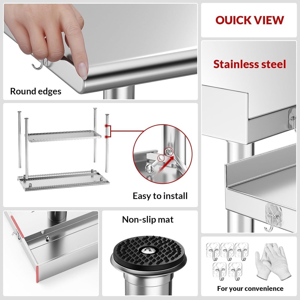 **24×48 All-Stainless Steel Prep Table w/ Backsplash & Adjustable Undershelf**