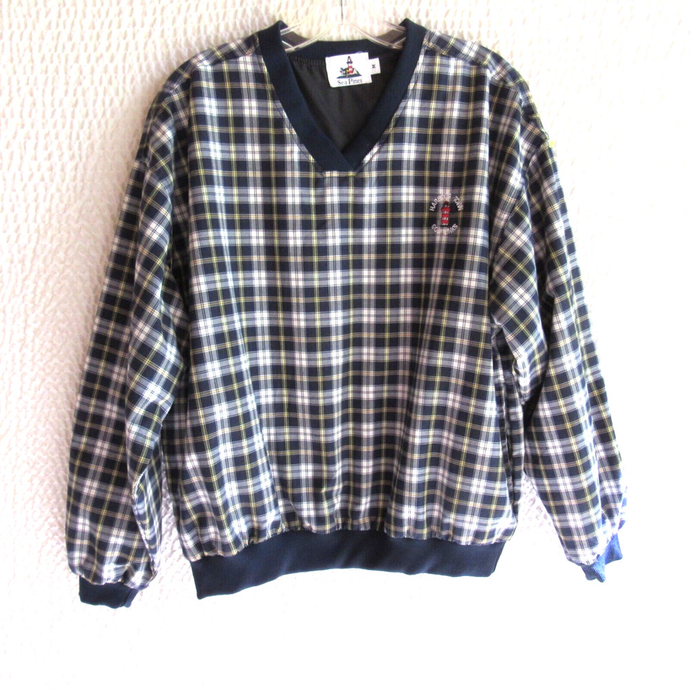 Golf Pullover Jacket M Wind Rain Resistant Blue Plaid Vneck Lighthouse Hilton HH