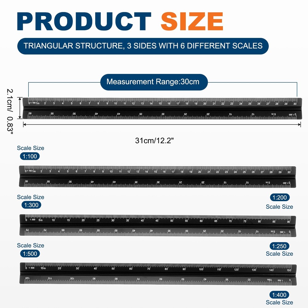2 Pcs 12 Inch Metric Architectural Triangular Scale Ruler Large Scale, Black