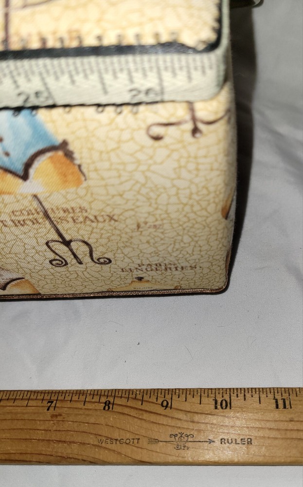 Sewing Basket Box Paris Theme Pattern Tray Handle Pin Cushion Pockets Quilted