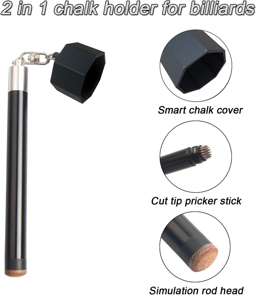 Pool Cue Chalk Holder – 2-in-1 Billiard Accessory with Pool Black Octagon