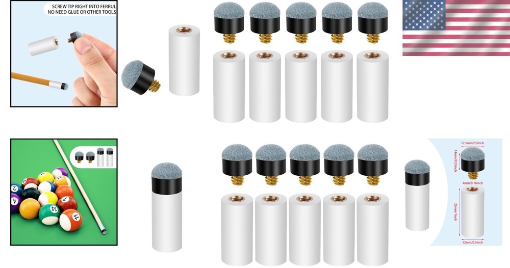 10 Sets Screw on Pool Cue Tips Replacement Billiard Cue Tips with White Pool