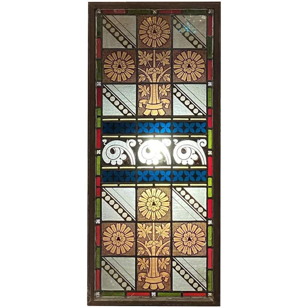 Arts & Crafts Leaded Stained Glass Window Panel with Iron Frame
