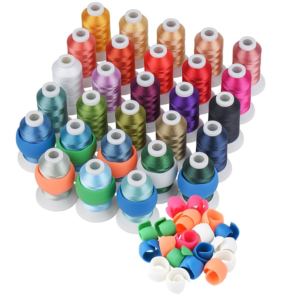 28 Assorted Janome Colors Embroidery Machine Thread with Floss Spool Savers 5...